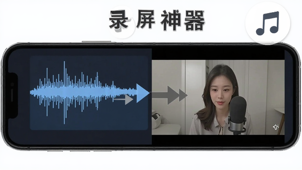 一个手机屏幕显示录音波形和视频画面同步的示意图,左边是声音波形,右边是视频画面,中间用箭头连接表示同步,手机旁边有麦克风图标和音符图标,风格简洁明了,画质干净,无多余元素,图片中文字标注“录屏神器”
