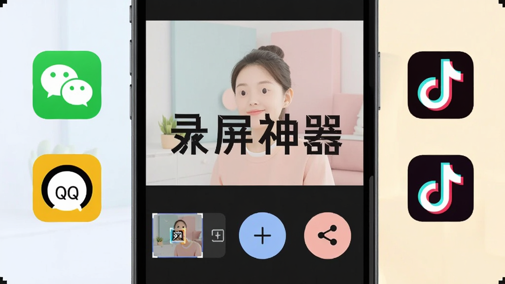 手机屏幕上显示视频编辑界面,有裁剪条、文字添加按钮和分享图标,屏幕旁边有微信、QQ、抖音等社交软件的小图标,风格现代扁平,色彩柔和,画质干净,无多余元素,图片中文字标注“录屏神器”
