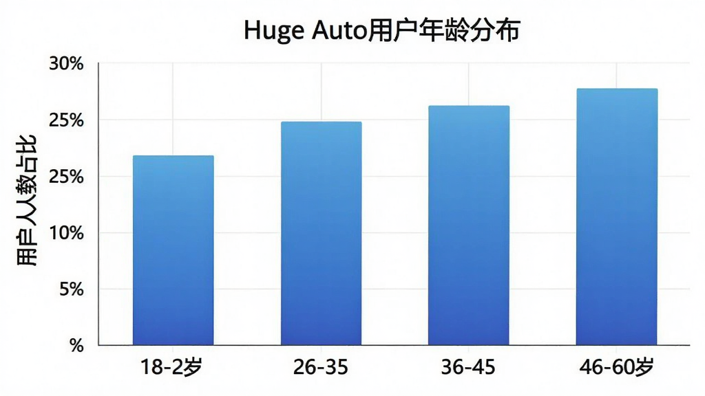 一张展示Huge Auto用户年龄分布的柱状图,横轴为年龄段18-25岁、26-35岁、36-45岁、46-60岁,纵轴为用户人数占比,柱状图颜色为蓝色渐变,图表标题为“Huge Auto用户年龄分布”,背景干净整洁,无多余元素