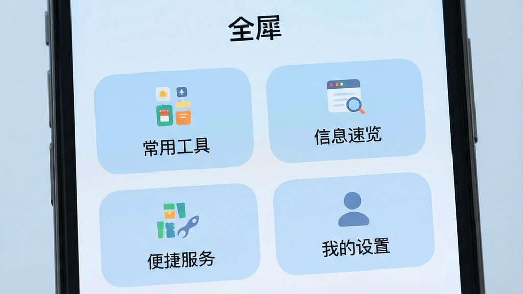 一张手机应用界面的特写图,界面风格极简,顶部有“全犀”字样,中间是四个大尺寸的圆角矩形功能入口,分别标注着“常用工具”、“信息速览”、“便捷服务”、“我的设置”,背景是柔和的浅蓝色,图标设计扁平化,文字清晰易读,整体画面干净整洁。