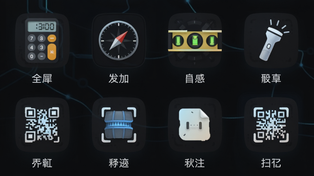 一张展示“全犀”App内部工具列表的图片,画面中整齐排列着计算器、指南针、水平仪、手电筒、二维码扫描等工具图标,图标下方带有中文标注,背景是深色模式,图标发出柔和的亮光,风格科技感十足,画面干净,无多余装饰。