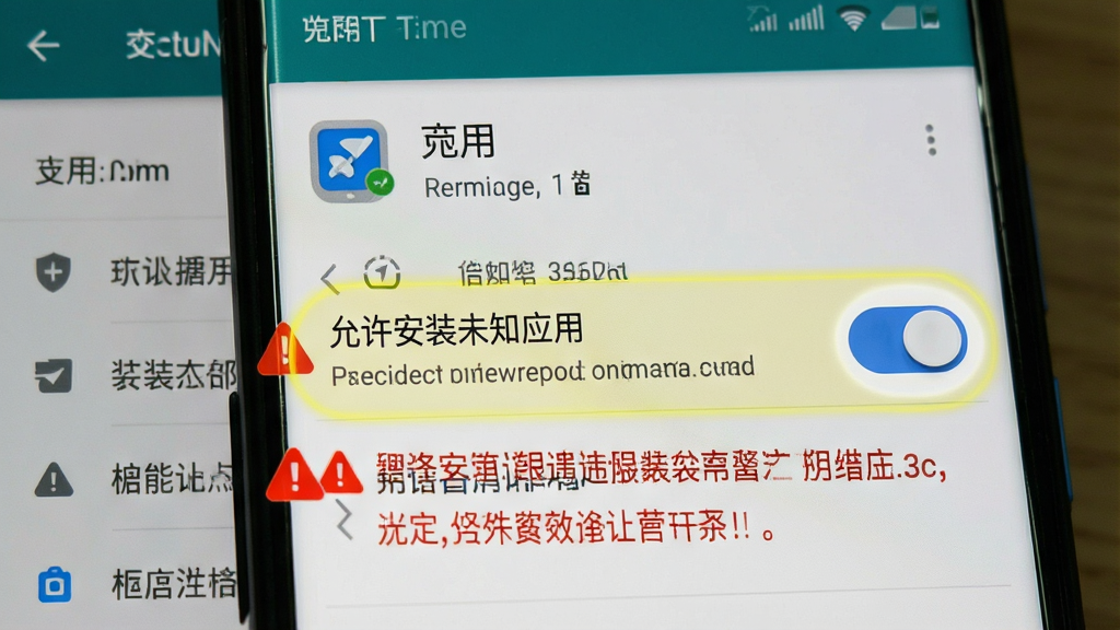 一张展示安卓手机安装应用时的权限管理界面截图,界面中“允许安装未知应用”的开关被高亮显示,旁边有红色的警示图标和文字提示,背景是手机设置菜单,风格写实,用于指导用户操作。
