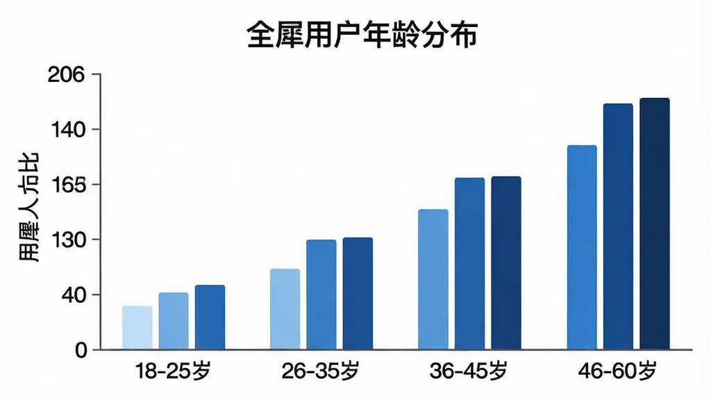 一张展示不同年龄段用户使用“全犀”App的柱状图,横轴标注年龄段为“18-25岁”、“26-35岁”、“36-45岁”、“46-60岁”,纵轴表示用户人数占比,柱子用不同深浅的蓝色表示,图表标题为“全犀用户年龄分布”,背景为白色,风格简洁专业。