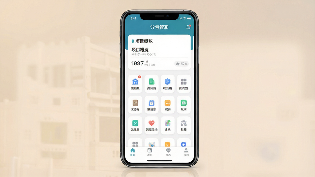 一张展示“分包管家”软件核心全貌的手机应用界面截图,主体是一部竖屏智能手机,屏幕内显示“分包管家”APP的主界面,布局清晰,顶部有项目概览卡片,中间是功能入口网格,底部为导航栏,排版简洁,风格现代扁平化,细节圆润,画质干净清晰,无多余元素,背景为纯色柔光。