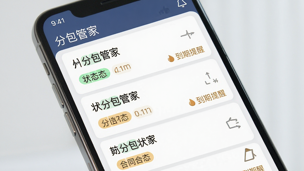 一张展示“分包管家”合同管理功能的手机界面截图,画面中手机屏幕显示合同列表,每份合同带有状态标签和到期提醒图标,布局为纵向卡片式排列,风格商务简洁,细节清晰,画质干净,无多余元素,背景为浅灰色。