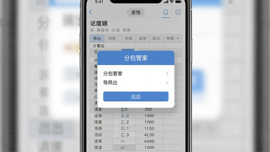 一张展示“分包管家”数据导出功能的手机界面截图,手机屏幕显示导出选项弹窗和表格预览,布局居中,风格扁平化,细节精致,画质干净清晰,无多余元素,背景为白色。