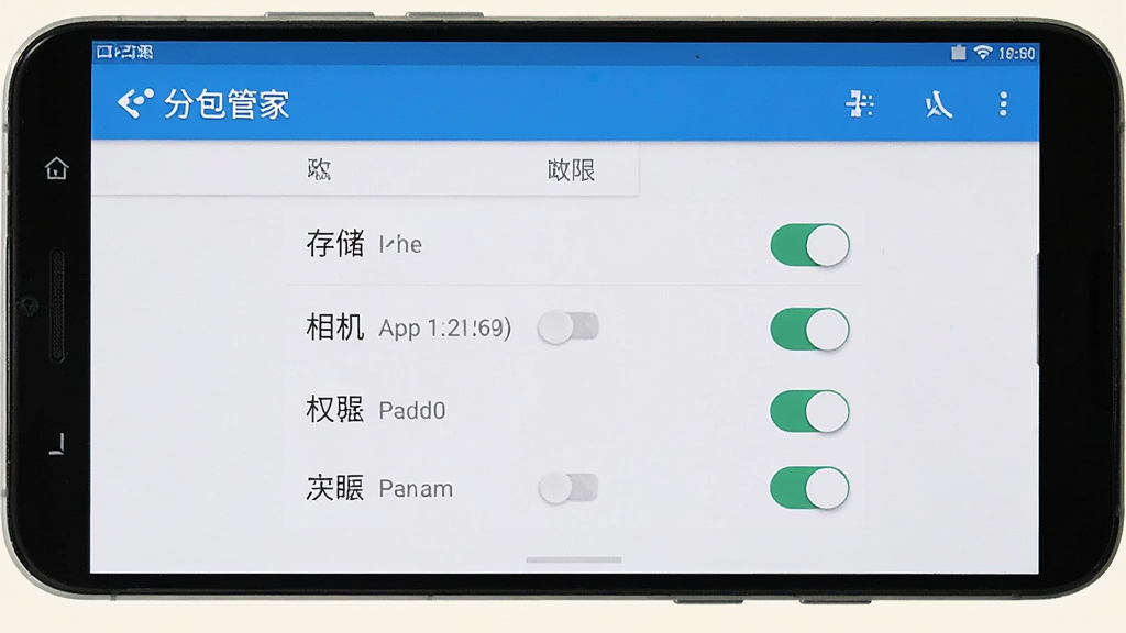 一张展示“分包管家”在安卓手机上安装和权限设置界面的截图,画面中手机屏幕显示应用权限管理页面,包含存储、相机等权限开关,布局清晰,风格简洁,细节明确,画质干净,无多余元素,背景为浅色。