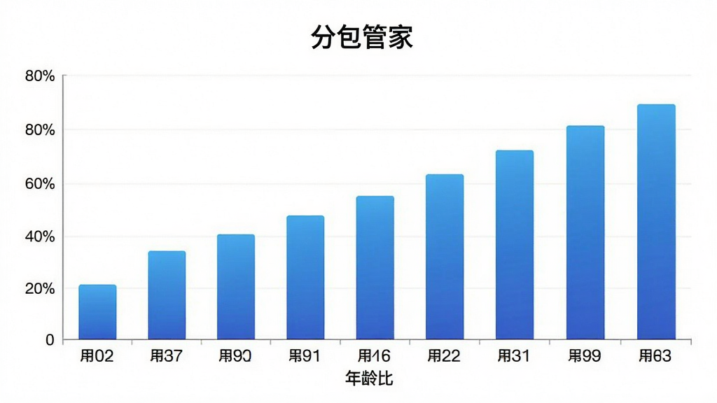 一张展示“分包管家”用户年龄分布柱状图的数据可视化图片,画面主体为柱状图,横轴标注不同年龄段,纵轴标注百分比,柱子颜色为蓝色渐变,布局居中,风格简洁商务,细节清晰,画质干净,无多余元素,背景为白色。