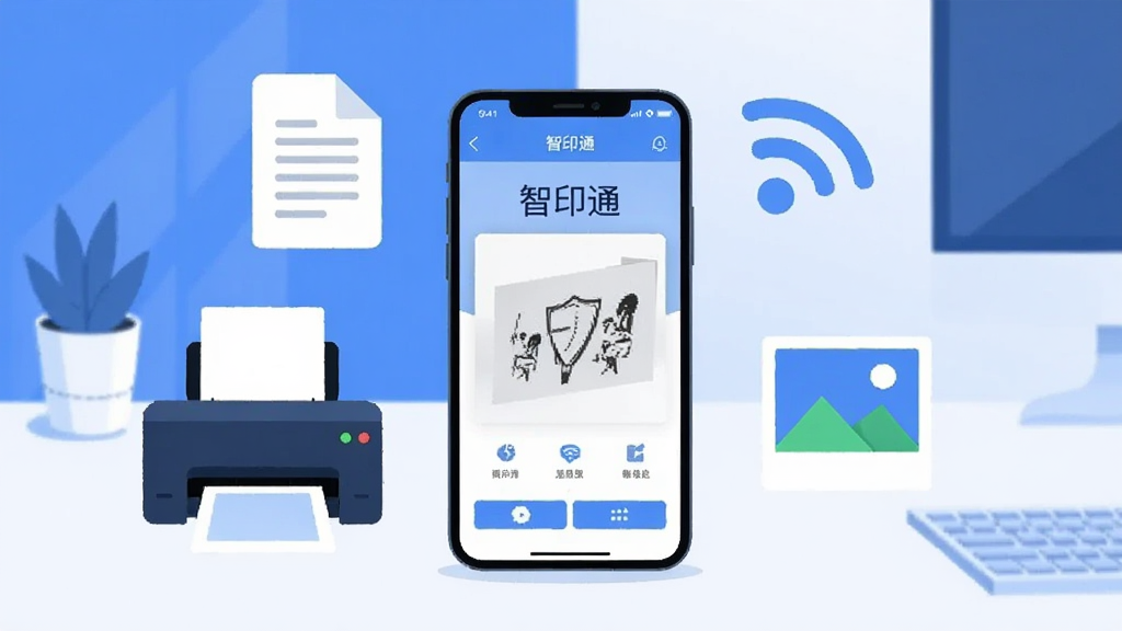 一张展示手机无线打印场景的插画,画面中央是一部智能手机,屏幕显示“智印通”应用界面,手机周围环绕着打印机、文档、图片、WiFi信号等图标,背景是简洁的现代办公桌面,蓝白主色调,风格清爽扁平,画质干净无多余元素