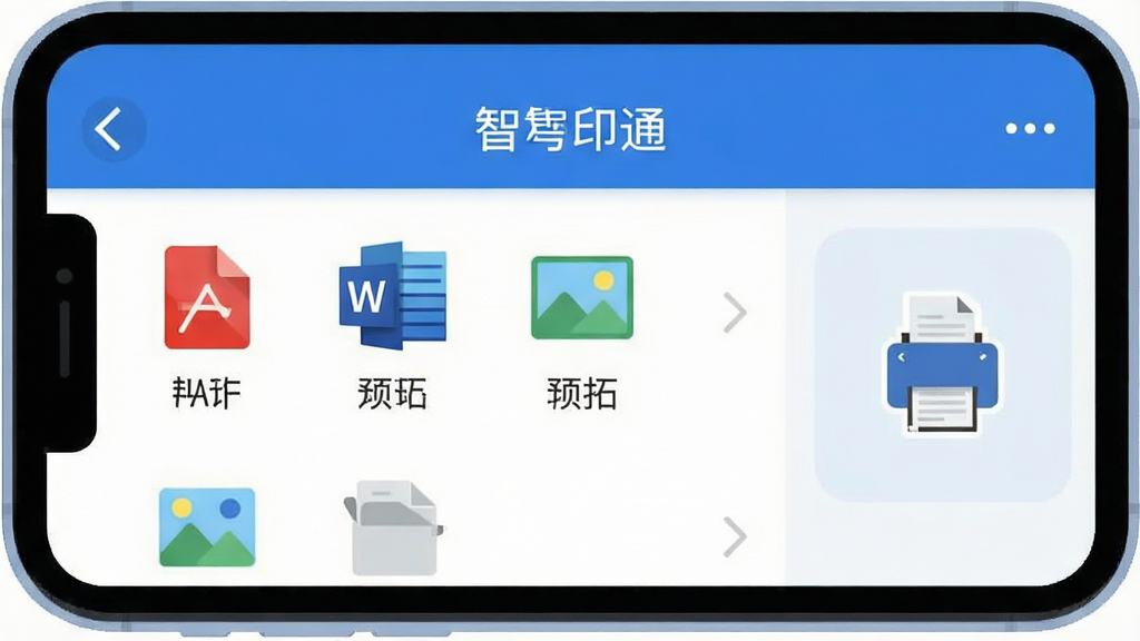 一张展示智印通应用内文件选择界面的截图风格插画,画面中手机屏幕显示“智印通”的文件列表,包括PDF、Word、图片等图标,右侧有打印预览按钮,整体布局清晰,蓝白配色,风格现代扁平,文字标签明确,画质干净无多余元素