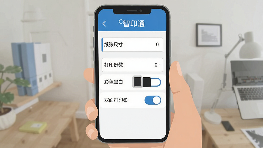 一张展示智印通打印参数设置面板的插画,手机屏幕显示纸张尺寸、打印份数、彩色黑白选项、双面打印开关等设置项,界面简洁明了,蓝白配色,风格现代扁平,文字标签清晰,画质干净无多余元素