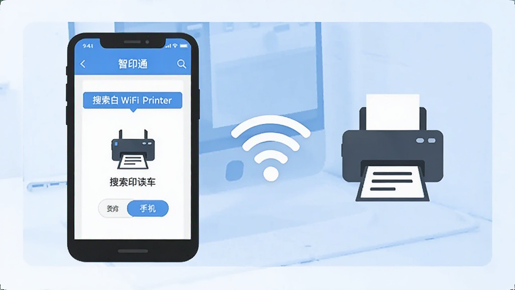 一张展示手机连接WiFi打印机操作步骤的示意图,画面中手机屏幕显示智印通搜索到打印机设备,旁边有WiFi信号图标和打印机图标,背景简洁,蓝白配色,风格扁平,文字标签清晰,画质干净无多余元素