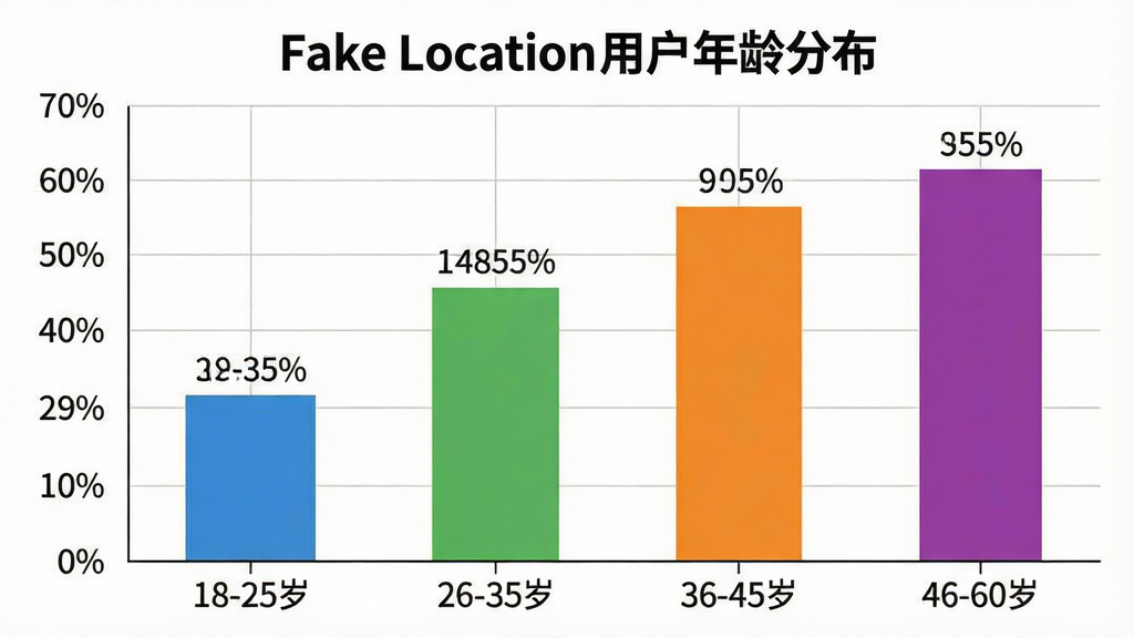 一张展示Fake Location用户年龄分布的柱状图,画面主体为竖版柱状图,横轴标注年龄段“18-25岁”“26-35岁”“36-45岁”“46-60岁”,纵轴标注百分比,柱子颜色分别为蓝色、绿色、橙色、紫色,布局居中,风格为扁平化数据可视化,细节有数值标签和网格线,画质高清,干净,无多余元素。