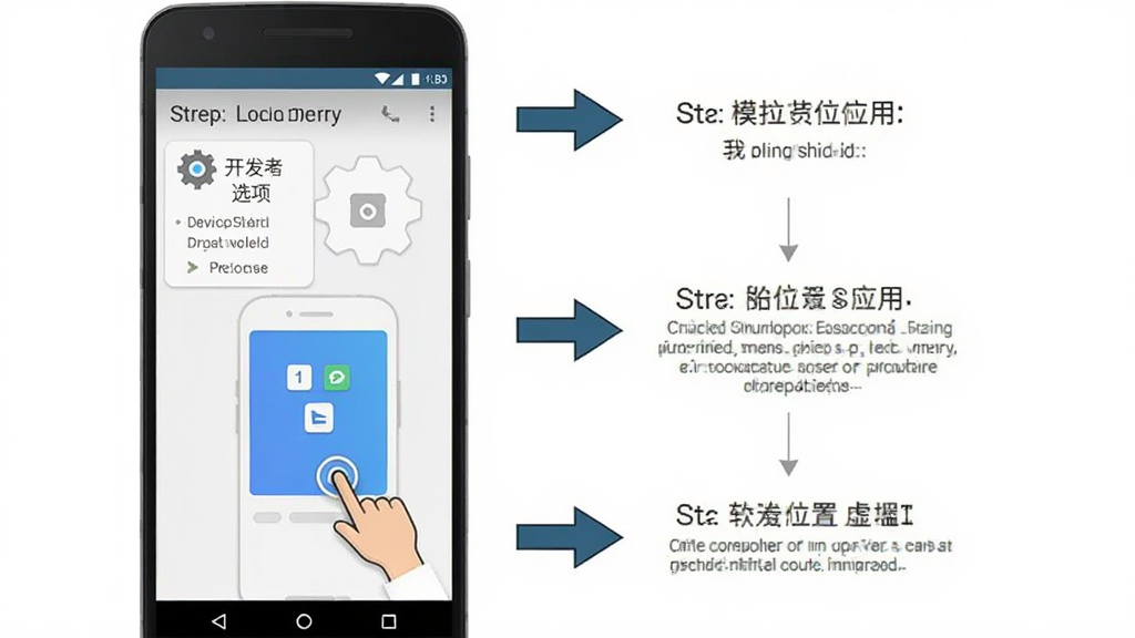 Fake Location软件在手机上的操作步骤示意图,画面主体是一部安卓手机,屏幕显示分步操作界面,第一步打开开发者选项,第二步选择模拟位置应用,第三步打开软件设置虚拟位置,布局为竖向流程图,风格为简约教程风,细节有手指点击图标和箭头引导,画质清晰,干净,无多余元素。