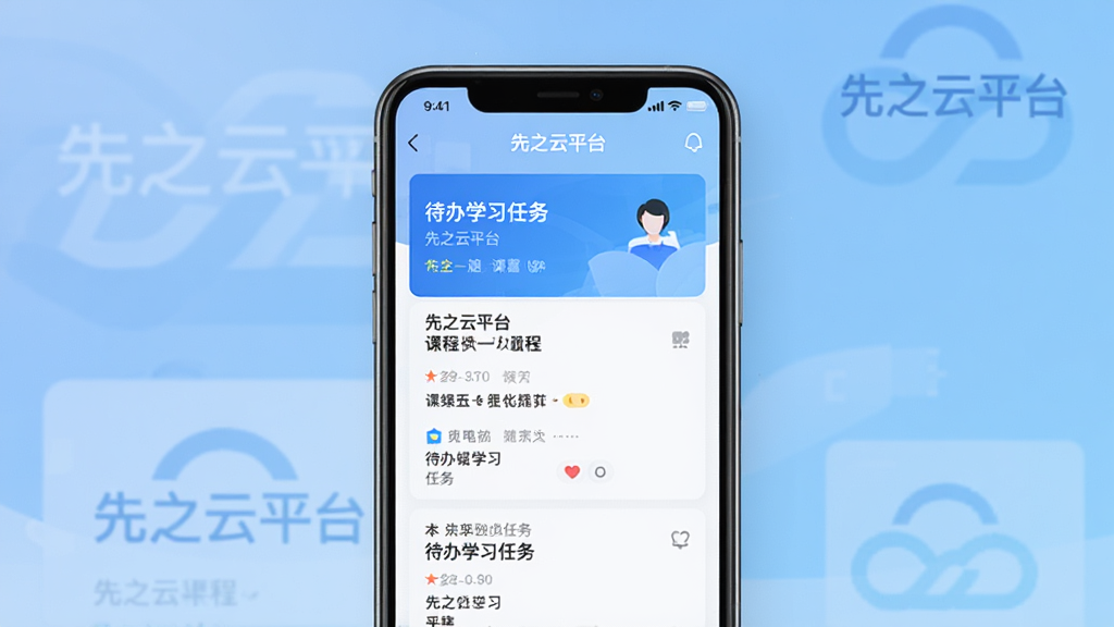 一张展示先之云平台手机App主界面的详细图片,画面中央是手机屏幕,屏幕内显示先之云平台的课程列表和待办学习任务卡片,背景是整洁的浅蓝色渐变,风格现代扁平化,画质干净清晰,无多余元素,图片中带有文字“先之云平台”