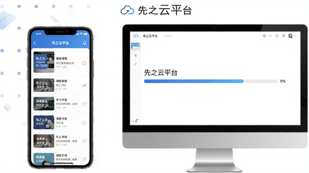一张展示先之云平台在手机和电脑上同步学习进度的对比图,左边是手机屏幕显示课程列表,右边是电脑屏幕显示相同的课程进度条,风格简洁科技感,画质清晰,图片中带有文字“先之云平台”