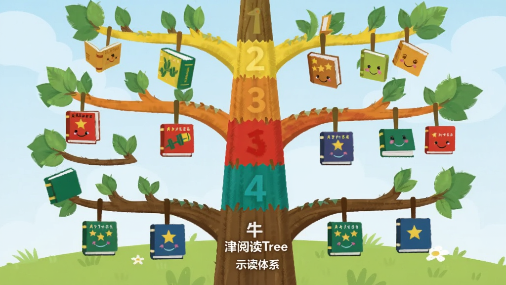 ����һ��չʾ��ţ���Ķ�Tree���ּ��Ķ���ϵ��ʾ��ͼ��������һ�ÿ�ͨ���ĳɳ����������ϱ��С�ţ���Ķ�Tree����������֦���µ��Ϸ�Ϊ��ͬ��ɫ�Ĳ㼶��ÿһ�����һ���Ķ�������֦�Ϲ��Ŷ�Ӧ�Ѷȵ�С�鱾ͼ�ꡣ���ֲ��ô�ֱ���νṹ��������ǳ��ɫ�ݵغ����졣����Ƕ�ͯ�廭�磬ϸ�ڰ����鱾�ϵ�С���Ǻ�Ц�������ʸɾ��������޶���Ԫ�ء�