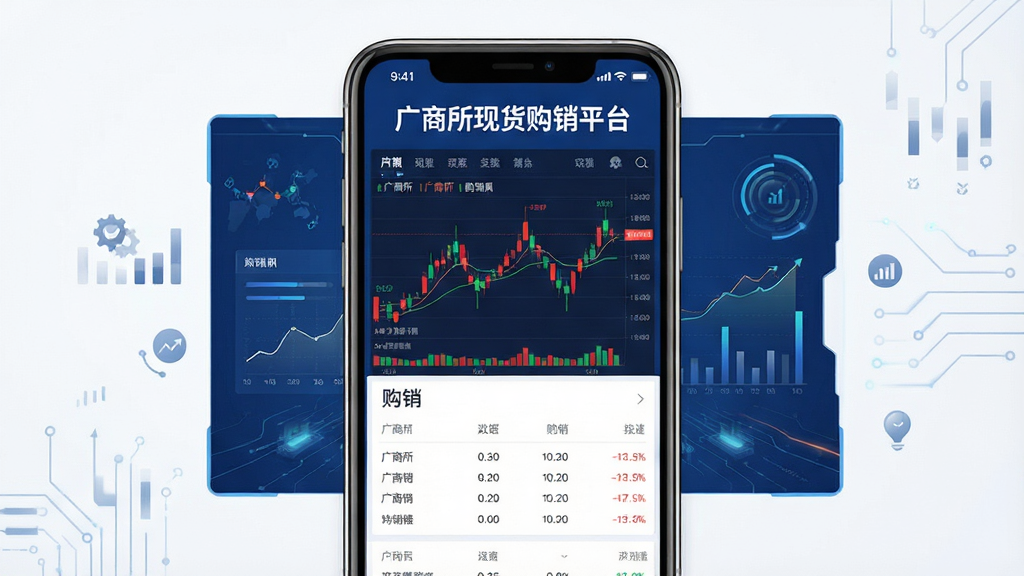 一张展示广商所现货购销平台核心界面的手机样机图,手机屏幕中央显示着清晰的红绿行情K线图和购销数据面板,界面以深蓝色和白色为主色调,顶部有醒目的“广商所现货购销平台”文字标识,四周环绕着简约的金融科技风格装饰元素,整体画质干净锐利,无多余杂乱元素