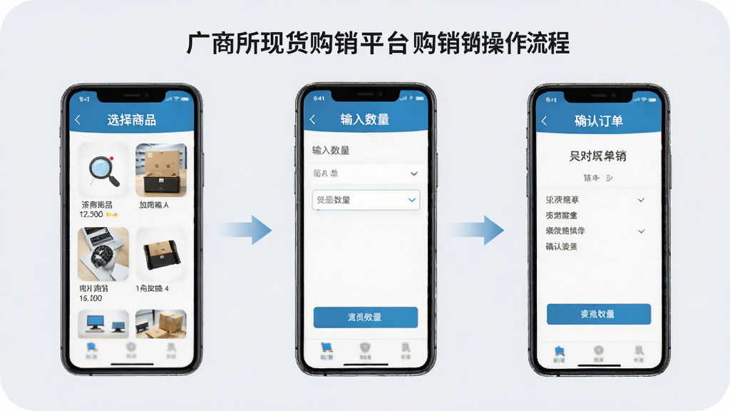 一张展示广商所现货购销平台购销操作流程的示意图,画面以手机界面分步截图的形式呈现,第一步是选择商品,第二步是输入数量,第三步是确认订单,每一步界面都有清晰的按钮和说明文字,背景是柔和的浅灰色,整体排版整齐干净