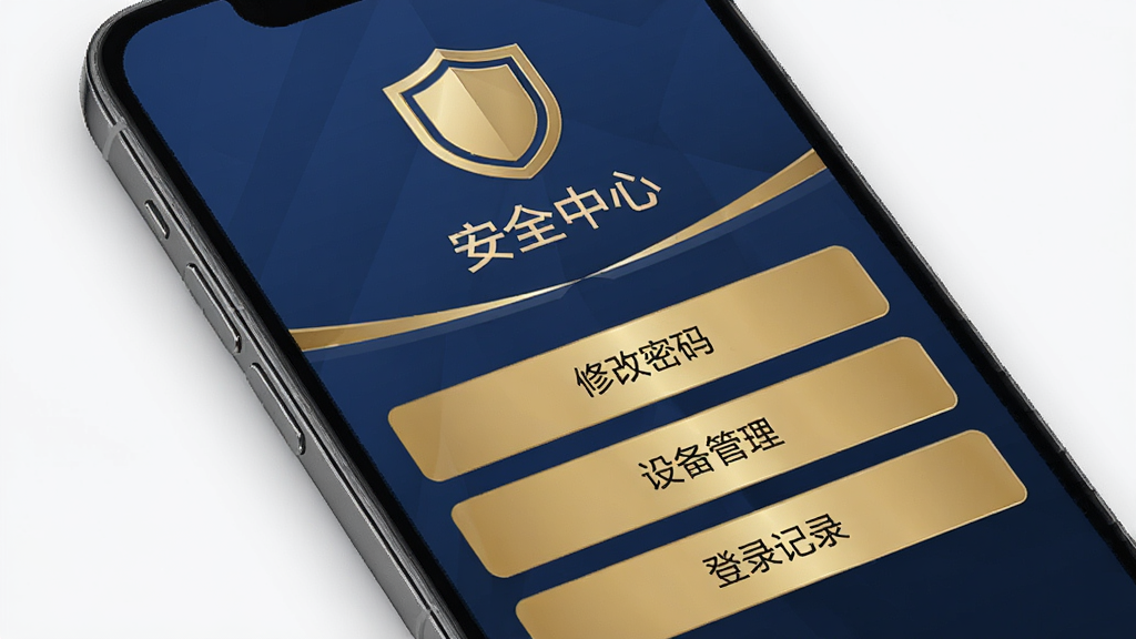 一张广商所现货购销平台账户安全中心的界面图,手机屏幕上显示着盾牌图标和“安全中心”字样,下方列有“修改密码”、“设备管理”、“登录记录”等选项,界面配色以深蓝和金色为主,传递出稳重可靠的感觉,画质细腻无多余装饰