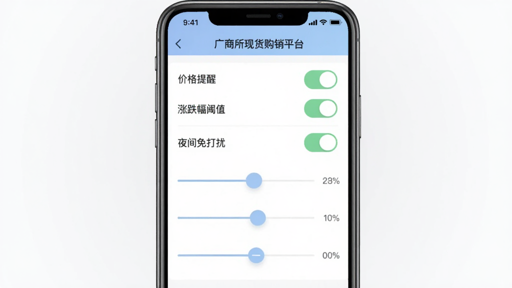 一张广商所现货购销平台消息通知设置界面的手机截图,画面中显示着多个开关按钮和滑块调节条,旁边有“价格提醒”、“涨跌幅阈值”、“夜间免打扰”等文字标签,界面风格扁平化,配色柔和,整体干净整洁