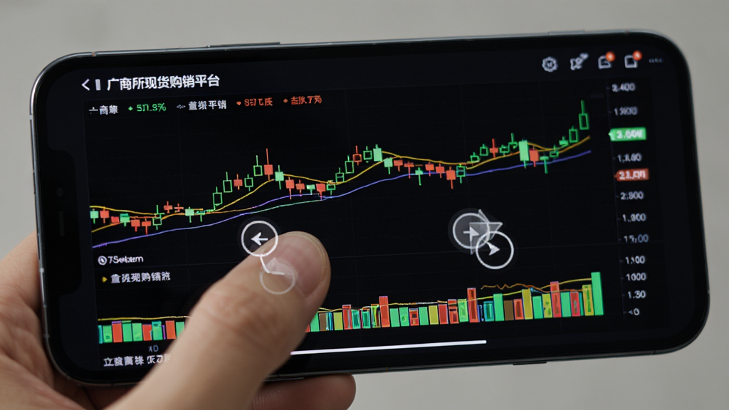 一张广商所现货购销平台数据图表界面的特写图,手机横屏显示着复杂的K线图和成交量柱状图,屏幕上有手指缩放的操作示意,图表颜色清晰分明,背景为深色模式,整体呈现出专业金融软件的数据可视化风格