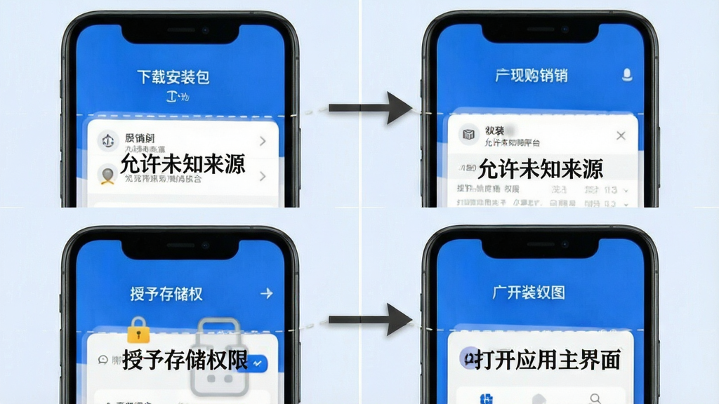 一张展示广商所现货购销平台安装步骤的流程图,画面以手机屏幕截图拼接的形式呈现,依次显示“下载安装包”、“允许未知来源”、“授予存储权限”、“打开应用主界面”四个步骤,每一步都有箭头连接和简短文字说明,背景为浅色,整体排版清晰直观