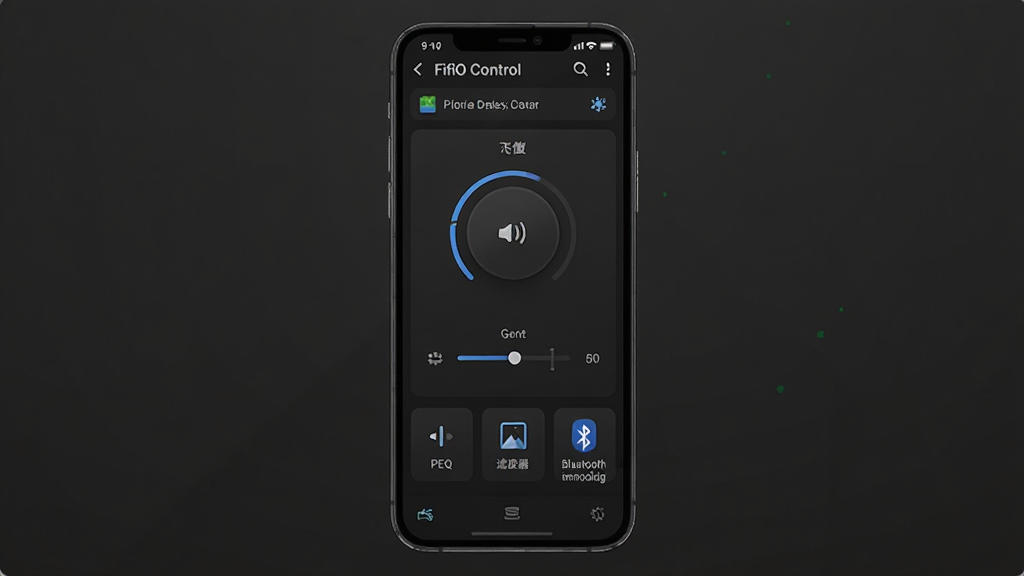 一张展示 FiiO Control 应用主界面的图片,画面中央是手机屏幕,屏幕内显示 FiiO Control 的深色主题界面,顶部有飞傲设备连接状态,中间是音量旋钮和增益调节区域,下方排列着PEQ、滤波器、蓝牙编码等设置图标,背景是干净的深灰色,风格现代科技感,细节清晰,画质干净,无多余元素。
