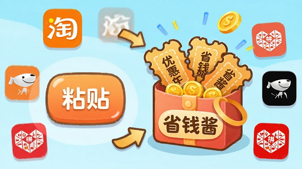 ����չʾһ����ͨ�����ֻ����棬��������һ�����ġ�ճ������ť���Ա��Ǹ������ƽ̨��ͼ�꣨���Ա���������ƴ���ļ򻯱�־��Χ��һȦ����ͷָ���м��һ��������������д�š�ʡǮ���������֣��������������ɳ��Ż�ȯ�ͽ�ҡ���������ã�ɫ�����������ʸɾ��޶���Ԫ�ء�