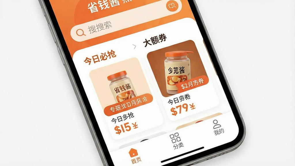 һ���ֻ���Ļ��д����Ļ�����ǡ�ʡǮ����APP����ҳ���棬������Ƽ�࣬��ů��ɫ�Ͱ�ɫΪ��ɫ�����������������м���Ŀλ��չʾ�š����ձ������͡����ȯ������Ʒ�б�����ƷͼƬ�������۸��ǩ�ô������ͻ�����ײ�����������ҳ�����ࡢ�ҵ�����ͼ�ꡣ�������ִ���ƽ��ϸ��Բ�󣬻��ʸɾ��޶���Ԫ�ء�