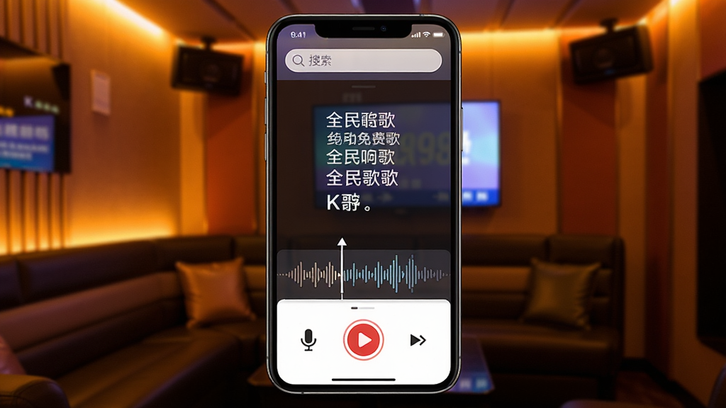 һ���ֻ���Ļչʾ�������������ͼƬ������������ȫ�񳪸���Ѹ�����K����棬���������������м���ʾ��ʺ����첨�Σ��ײ�����˷��¼�ư�ť��������ůɫ����KTV�����Χ�ƹ⣬����ִ���࣬ϸ�����������ʸɾ��޶���Ԫ��