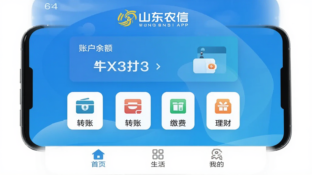 �ֻ���Ļչʾɽ��ũ��APP�����棬��ɫ���䱳����������ʾɽ��ũ��logo�����֣��м����˻���Ƭ��ת�ˡ��ɷѡ������ĸ�����ͼ�꣬�ײ�����ҳ������ҵ�����������ǩ������������ˬ����ƽ����ƣ����ʸɾ����޶���Ԫ��