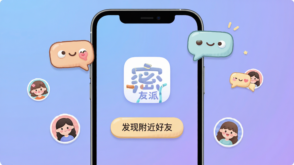 密友派社交应用主界面展示,手机屏幕中央显示密友派Logo和“发现附近好友”按钮,周围环绕着卡通风格的聊天气泡和用户头像,背景是柔和的蓝紫色渐变,整体布局简洁明快,风格轻松活泼,细节圆润可爱,画质清晰干净,无多余元素