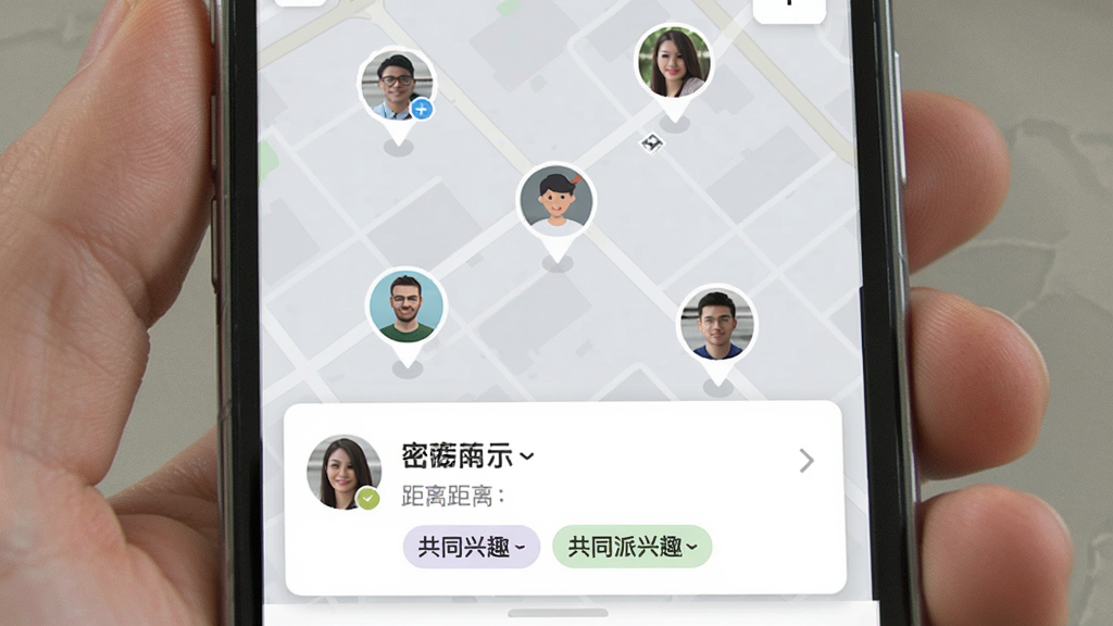密友派同城速配功能界面,手机屏幕显示地图模式,地图上有多个头像标记点,屏幕下方弹出推荐用户卡片,卡片上显示昵称、距离和共同兴趣标签,背景是浅灰色地图底图,风格现代扁平,文字标签清晰,画质干净无多余元素