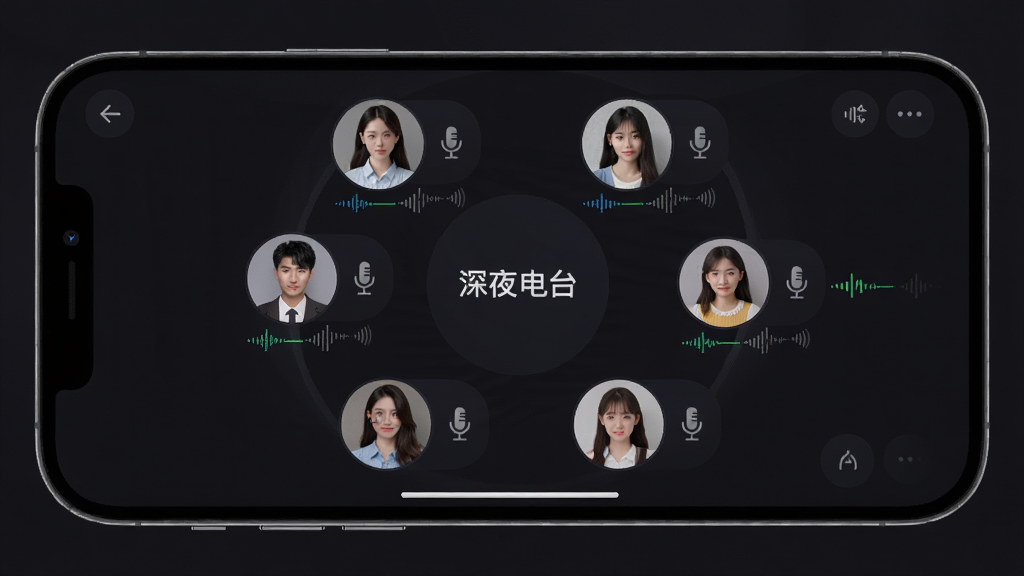 密友派语音聊天室界面,手机横屏显示多个用户头像围成一圈,每个头像旁边有麦克风图标和音量波动条,中间显示房间话题“深夜电台”,背景是深色模式,风格沉稳舒适,细节精致,画质清晰干净,无多余元素