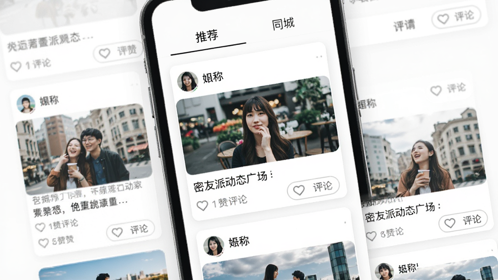 密友派动态广场界面,手机屏幕显示瀑布流图文卡片,每张卡片包含用户头像、昵称、图片、文字描述和点赞评论按钮,顶部有“推荐”和“同城”两个标签页,背景是纯白色,风格清爽简约,排版整齐,画质干净无多余元素