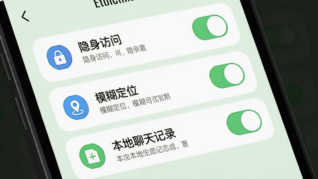 密友派隐私设置界面,手机屏幕显示多个开关按钮,包括“隐身访问”、“模糊定位”、“本地聊天记录”等选项,每个选项旁边有简短的说明文字,背景是浅绿色,风格安全可靠,图标简洁,画质干净无多余元素