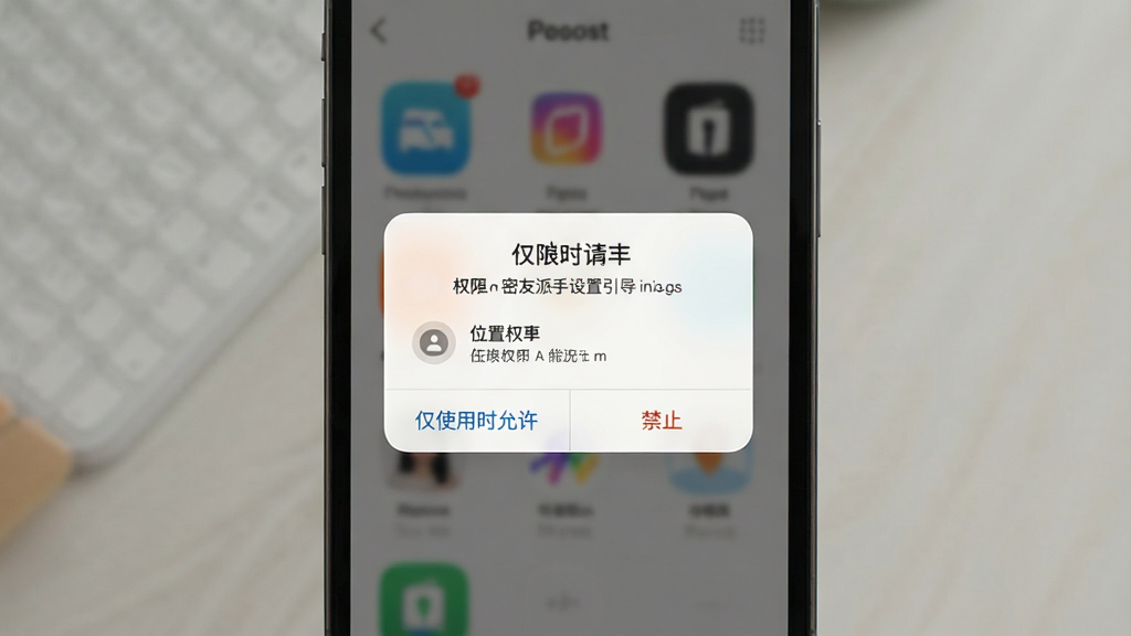 密友派新手设置引导页面,手机屏幕显示权限请求弹窗,包括位置权限和存储权限,弹窗下方有“仅使用时允许”和“禁止”两个按钮,背景是模糊的App主界面,风格简洁明了,文字清晰,画质干净无多余元素