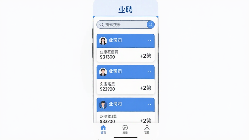 һ���ֻ�Ӧ�ý����չʾͼ�����������ǡ�ҵƸ��APP����ҳ�������Ǹɾ��İ׵ף��������������м���ְλ��Ƭ�б�����Ƭ���й�˾���ƺ�н�ʷ�Χ���ײ�����������ͼ�꣬�������Ǳ�ƽ����ƣ�������ɫ������������û�ж����װ��Ԫ�ء�