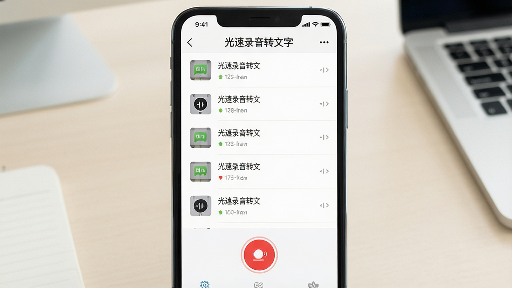 一张展示手机屏幕的图片,画面中央是“光速录音转文字”应用的主界面,背景是简洁的浅色办公桌面,手机屏幕上显示着录音文件列表和一个醒目的红色录音按钮,界面布局清晰,风格现代简约,画质干净,无多余元素
