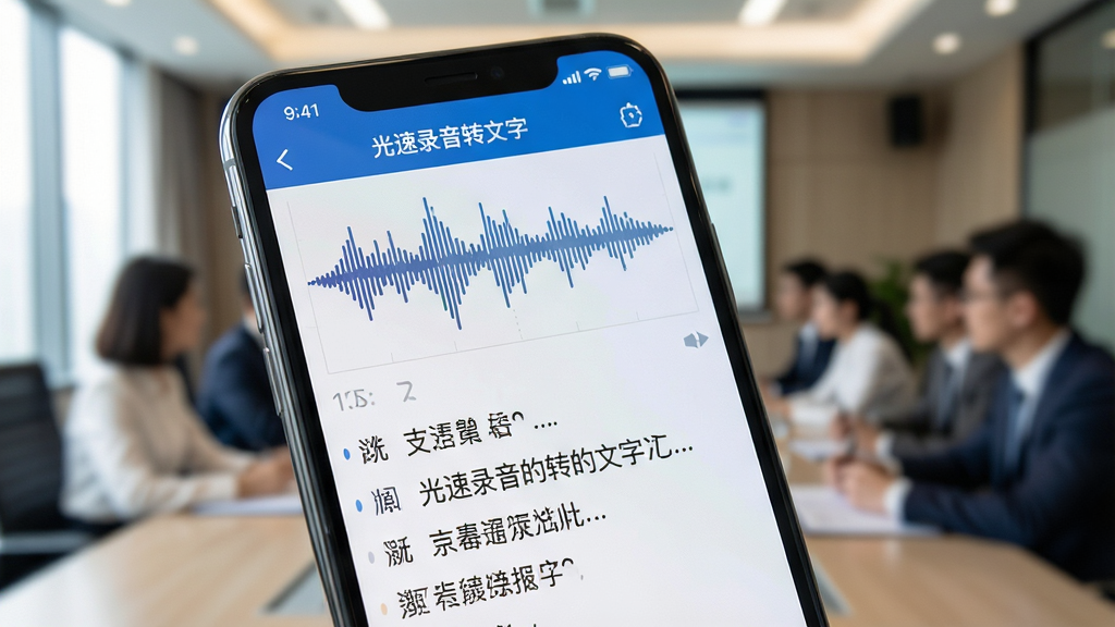 一张展示手机屏幕特写的图片,画面中“光速录音转文字”应用正在运行实时转写功能,屏幕上同时显示着声波波形图和下方不断滚动的中文文字,背景是模糊的会议室场景,风格写实,画质清晰,无多余元素