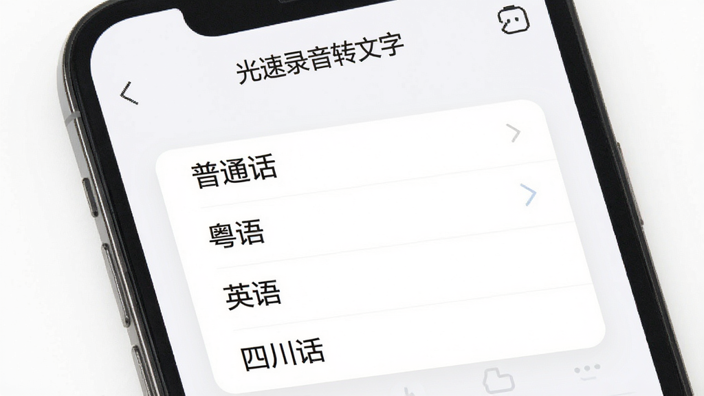 一张展示手机屏幕的图片,画面中“光速录音转文字”应用界面显示着语言选择菜单,菜单里列着“普通话”、“粤语”、“英语”、“四川话”等选项,背景是简洁的白色界面,风格现代扁平,画质干净,无多余元素
