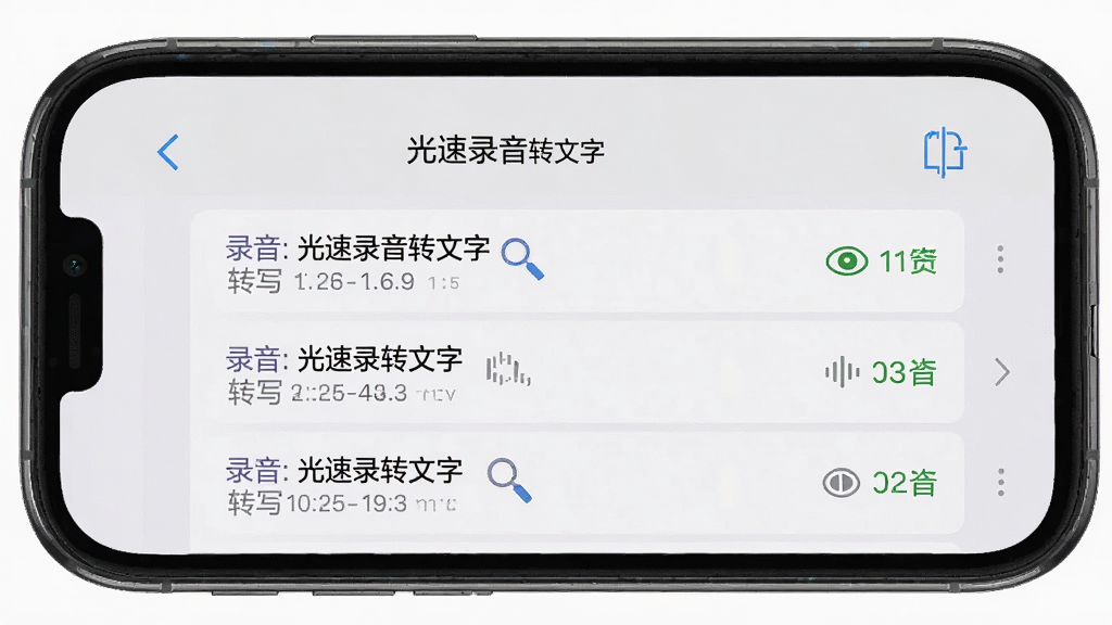 一张展示手机屏幕的图片,画面中“光速录音转文字”应用界面显示着文件管理页面,列表中排列着多个录音文件条目,每个条目旁边标注着转写状态,背景是浅灰色,风格简洁,画质干净,无多余元素
