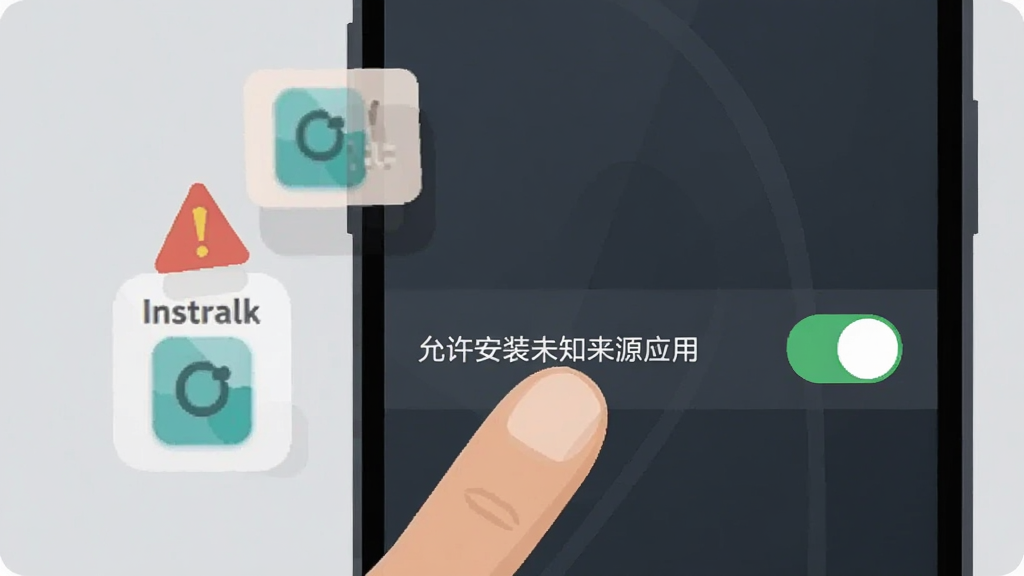 手机屏幕显示设置界面,手指正在点击“允许安装未知来源应用”的开关按钮。屏幕旁边漂浮着警示三角图标和安装包图标。背景为浅灰色,布局简洁直观,风格扁平化插画,细节清晰,画质干净,无多余元素。