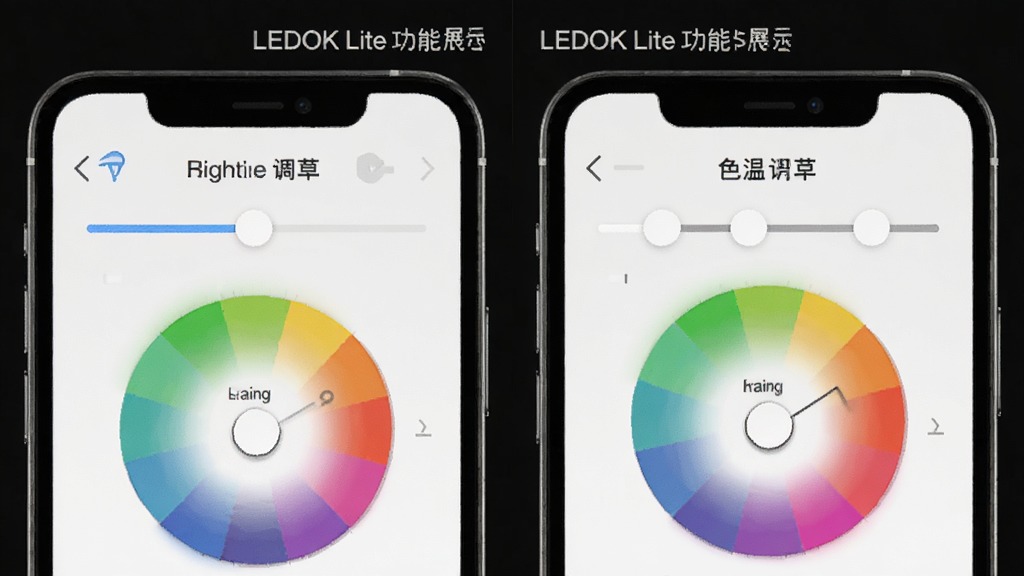 LEDOK Lite ����չʾͼ������Ϊ�ֻ���Ļ��ʾ���ȵ��ں�ɫ�µ����������ܽ��沢��չʾ������Ϊ���ҷ����Աȣ��Ű����������Ϊ�Ƽ��б�ƽ�磬ϸ��Ϊ�����ɫ��Ԫ�أ����ʸɾ����޶���Ԫ��