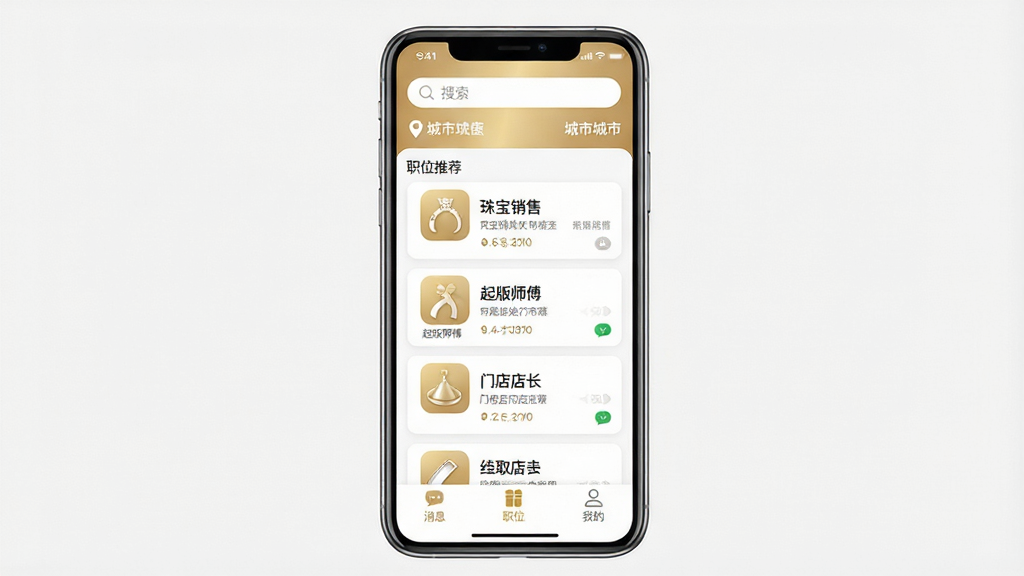 �鱦�˲����ֻ�app������չʾ������������һ�������ֻ�����Ļ����ʾ�鱦�˲���Ӧ����ҳ��������������ͳ��ж�λ���м���ְλ�Ƽ���Ƭ�б��������鱦���ۡ����ʦ�����ŵ�곤�ȸ�λͼ�꣬�ײ�Ϊ��Ϣ��ְλ���ҵ�����ѡ������岼���������ˣ�����ִ���Լ���Խ�ɫ�Ͱ�ɫΪ��ɫ����ϸ��Բ�󣬻��ʸɾ����޶���Ԫ��