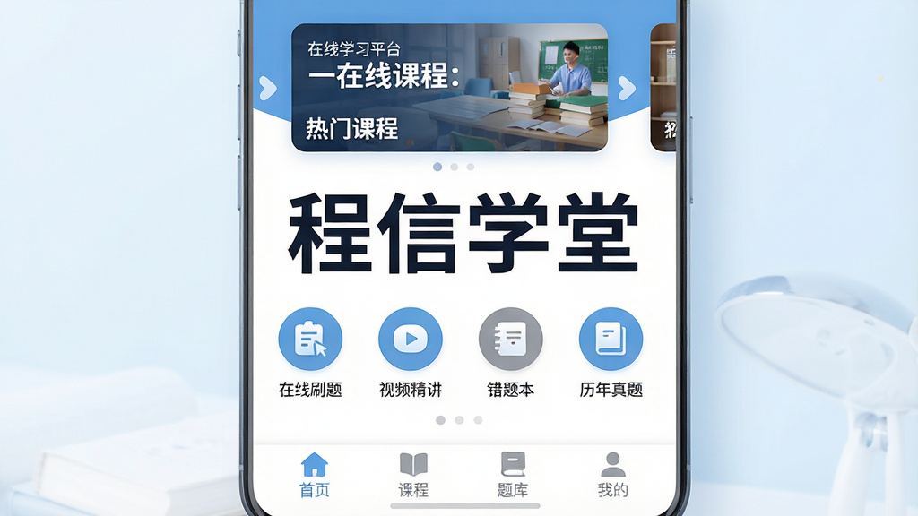 一张展示“程信学堂”在线学习平台核心界面的详细图片,主体是一个手机屏幕,屏幕中央醒目地显示着“程信学堂”四个大字,界面布局分为顶部轮播图展示热门课程,中间部分排列着“在线刷题”、“视频精讲”、“错题本”、“历年真题”四个圆形功能图标,底部导航栏有“首页”、“课程”、“题库”、“我的”四个选项。整体排版简洁清晰,风格现代扁平化,色彩以宁静的蓝色和干净的白色为主调,细节圆润,画质高清干净,无多余元素。