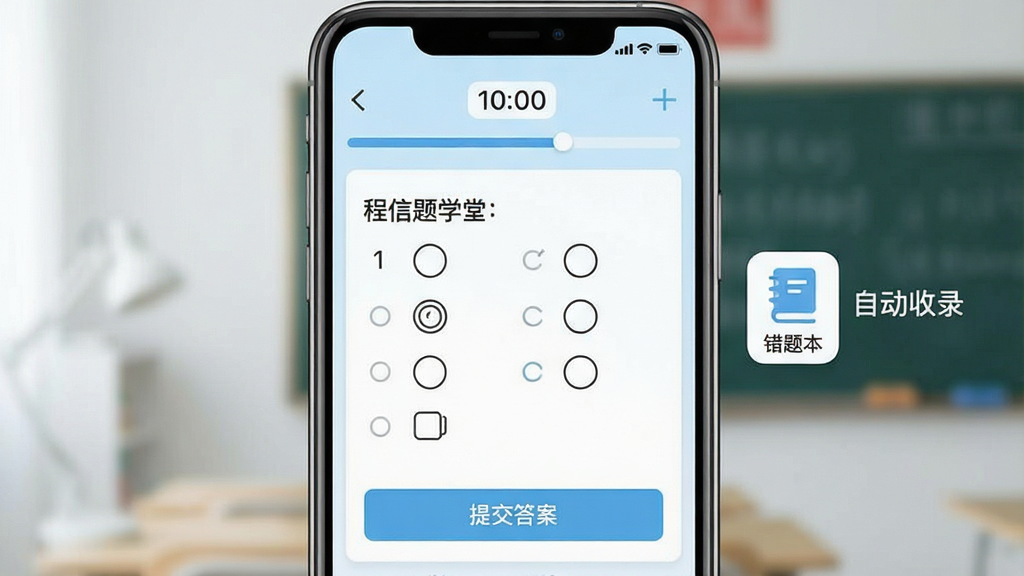 一张展示“程信学堂”智能刷题功能的界面截图,画面主体是手机屏幕,屏幕中央显示一道选择题,选项下方有“提交答案”按钮,屏幕上方有计时器和进度条,屏幕右侧悬浮着一个“错题本”图标,图标旁边标注着“自动收录”字样。整体布局清晰,排版规整,风格简约清新,色调以浅蓝和白色为主,画质干净,无多余元素。