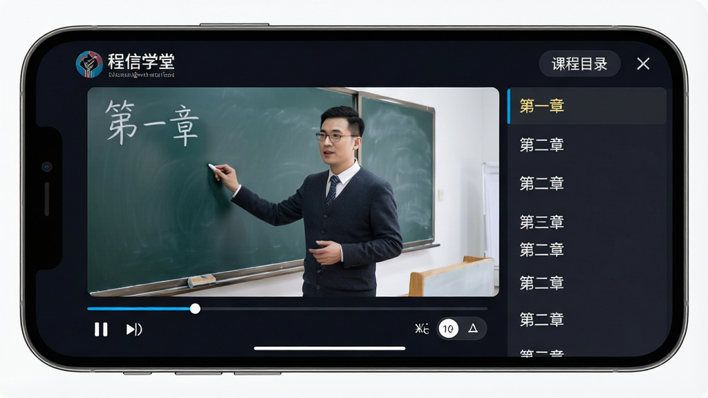 一张展示“程信学堂”视频课程学习界面的详细图片,画面主体是手机横屏状态,屏幕中央正在播放教学视频,视频画面是一位老师在黑板前讲课,屏幕下方有播放进度条和清晰度切换按钮,屏幕右侧有课程目录列表,列表里有“第一章”、“第二章”等章节名称,整体布局合理,排版舒适,风格现代简洁,色调以深色背景搭配亮色文字,画质高清,无多余元素。