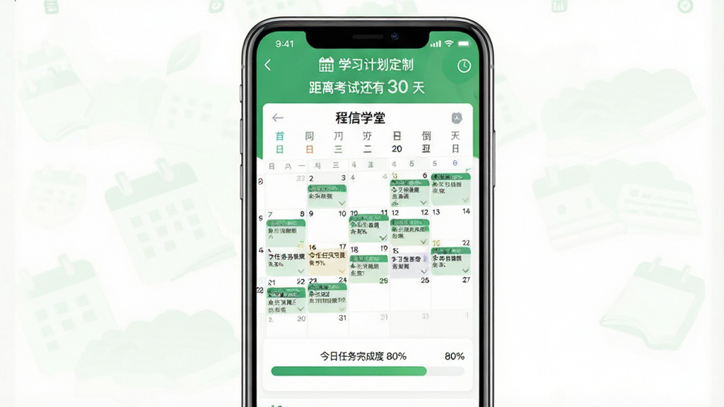 一张展示“程信学堂”学习计划定制的界面截图,画面主体是手机屏幕,屏幕中央是一个日历视图,日历上标记着每天的学习任务,下方是一个进度条显示“今日任务完成度 80%”,屏幕顶部有“距离考试还有 30 天”的倒计时提示,整体布局清晰,排版有条理,风格清新明快,色调以绿色和白色为主,画质干净,无多余元素。